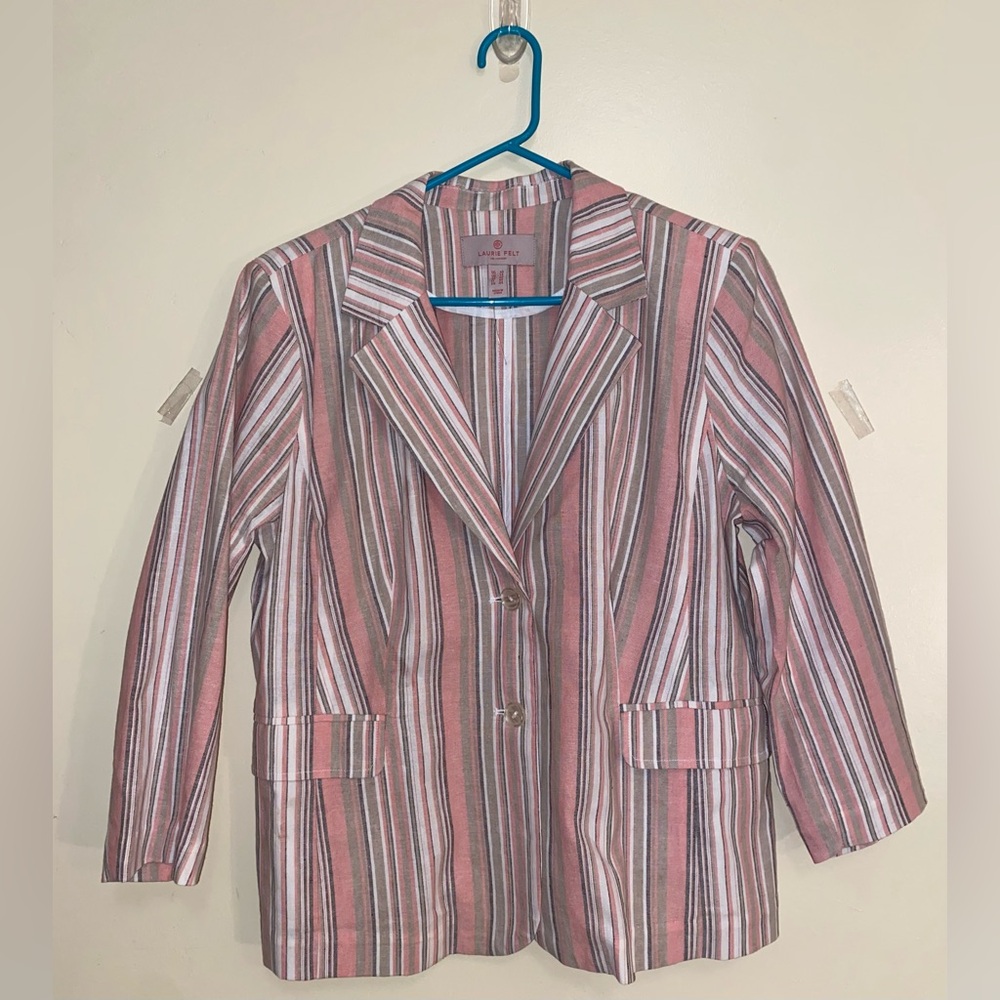 NWOT Laurie Felt Linen Blazer, Pink Coral Stripe Design, Sz 10